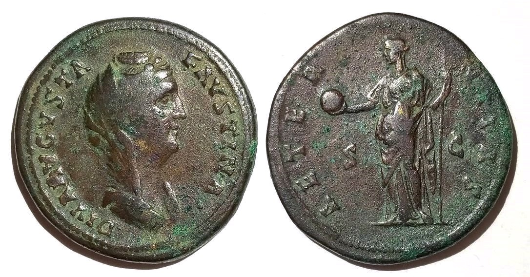 Faustina Sr AETERNITAS S C Providentia globe and scepter Sestertius veiled bust.jpg