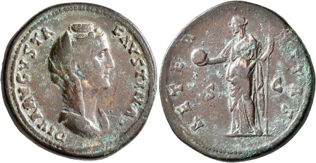 Faustina Sr AETERNITAS S C Providentia globe and scepter Sestertius veiled bust Leu.jpg