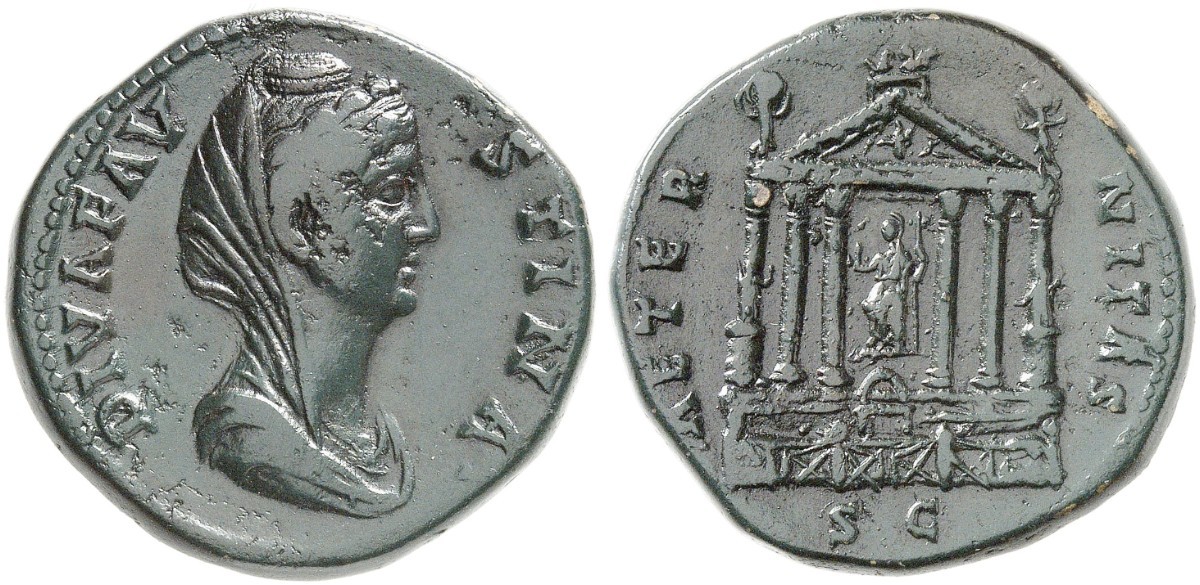 Faustina Sr AETERNITAS S C Temple sestertius Kunker.jpg