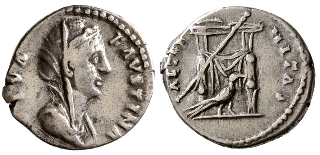 Faustina Sr AETERNITAS Throne Peacock right denarius veiled bust.jpg