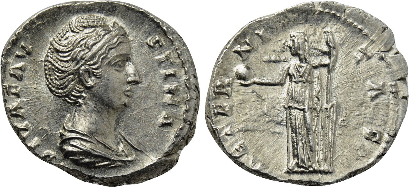 Faustina Sr AETERNITAS with globe and rudder denarius.jpg