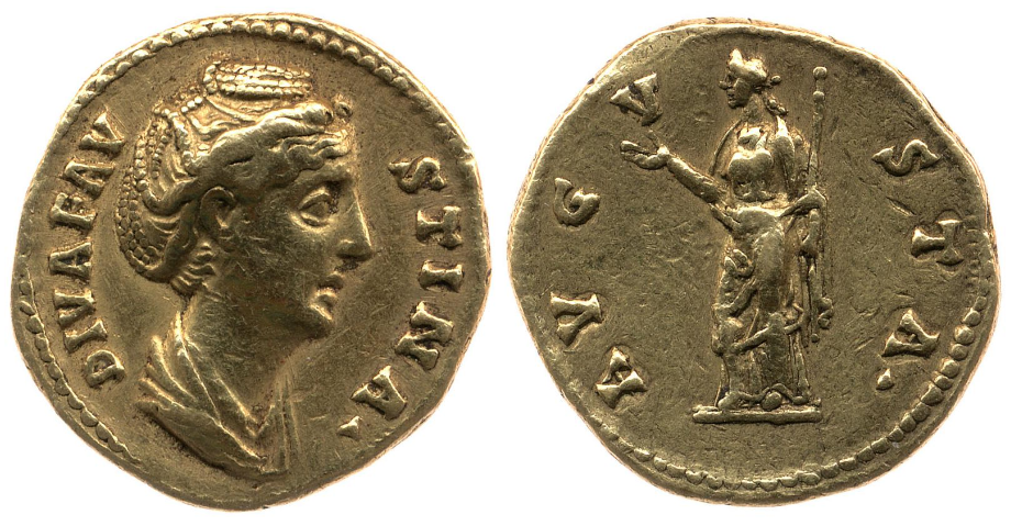 Faustina Sr AVGVSTA Juno standing aureus BMC.png