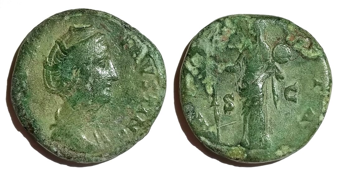 Faustina Sr AVGVSTA Vesta standing torch and Palladium sestertius.jpg