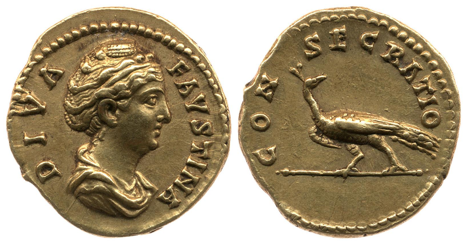 Faustina Sr CONSECRATIO Peacock left aureus BMC.png