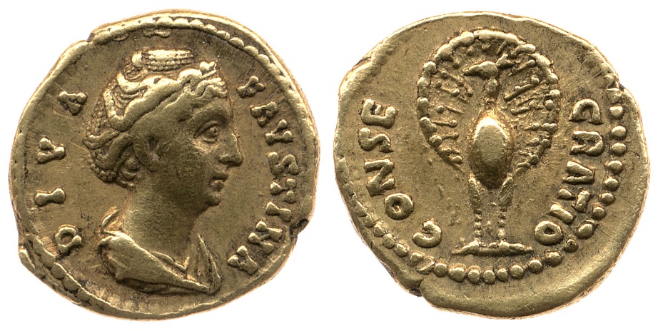 Faustina Sr CONSECRATIO Peacock Quinarius Aureus BMC.jpg