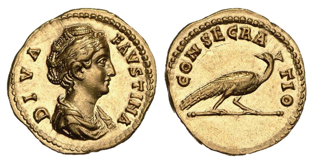 Faustina Sr CONSECRATIO Peacock right aureus Berlin.jpg