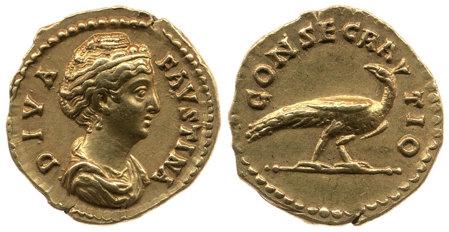 Faustina Sr CONSECRATIO Peacock right aureus BMC.jpg
