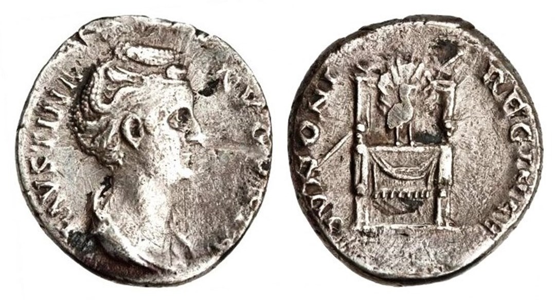 Faustina Sr IVNONI REGINAE Peacock and Throne denarius ANS.jpg