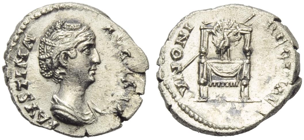 Faustina Sr IVNONI REGINAE Peacock and Throne denarius Bertolami.jpg