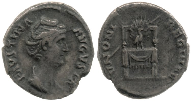 Faustina Sr IVNONI REGINAE Peacock and Throne denarius BMC.jpg