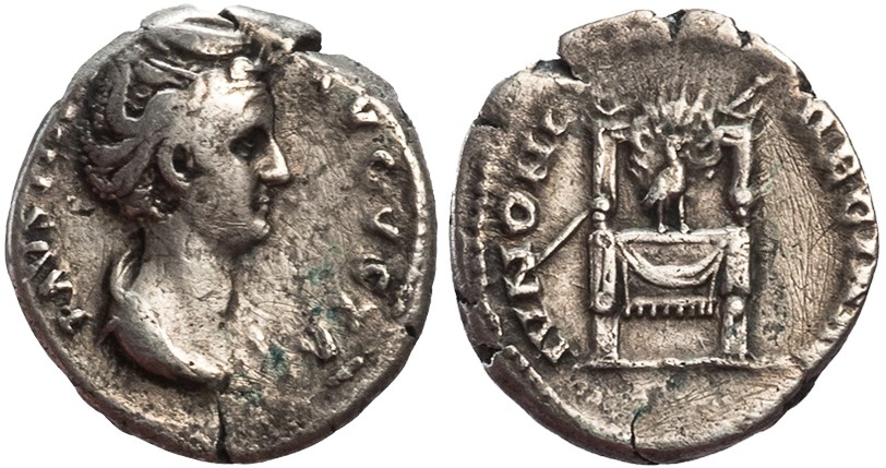 Faustina Sr IVNONI REGINAE Peacock and Throne denarius Kolner.jpg