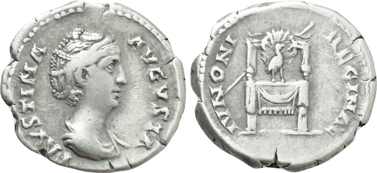 Faustina Sr IVNONI REGINAE Peacock and Throne denarius Naumann.jpg
