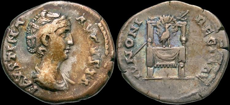 Faustina Sr IVNONI REGINAE Peacock and Throne denarius Wildwinds.jpg