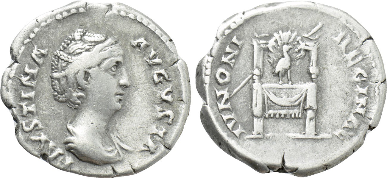 Faustina Sr IVNONI REGINAE Peacock on Throne denarius.jpg