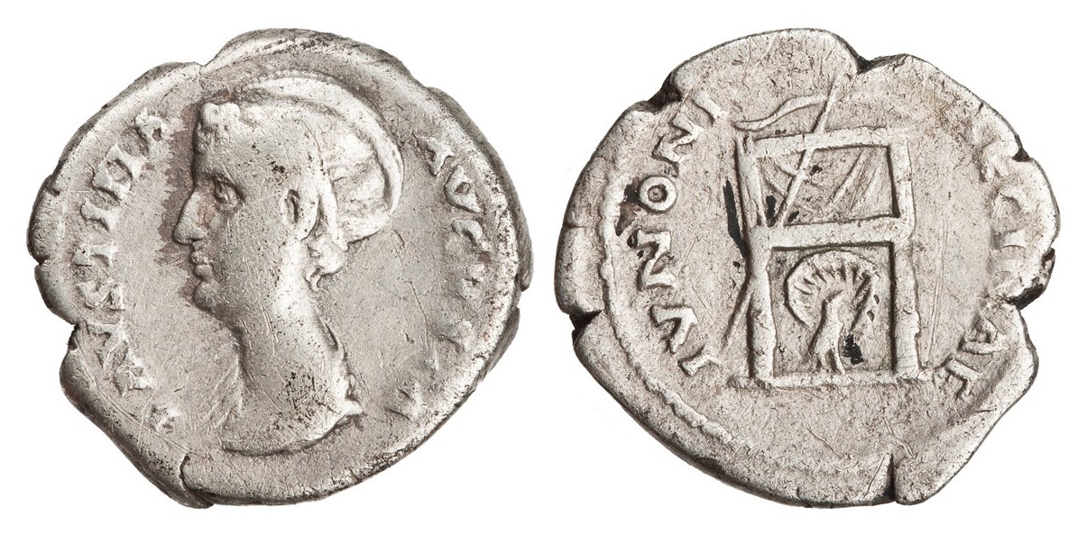 Faustina Sr IVNONI REGINAE Peacock under Throne denarius left-facing bust ANS.jpg