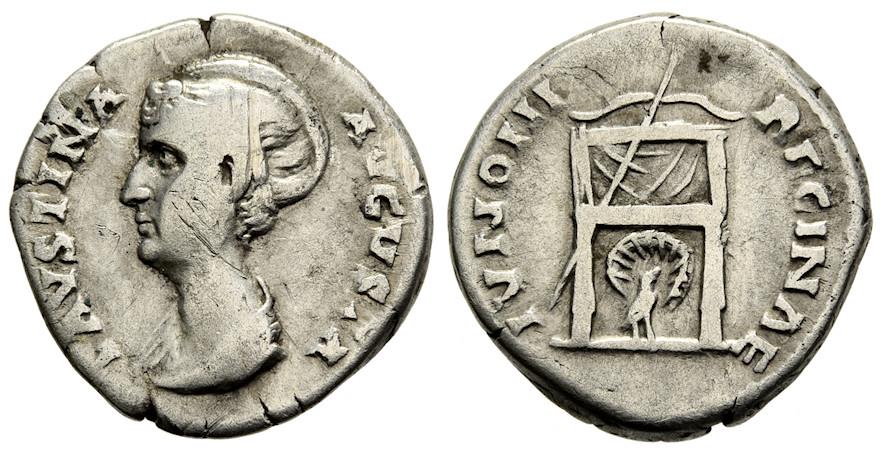 Faustina Sr IVNONI REGINAE Peacock under Throne denarius left-facing bust.jpg