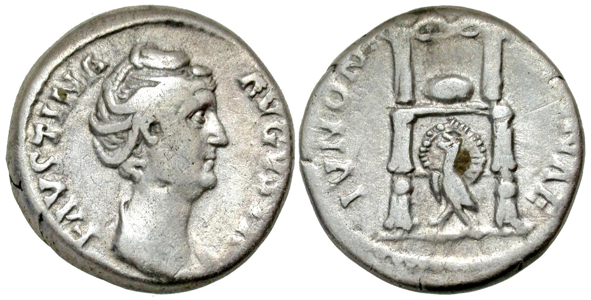 Faustina Sr IVNONI REGINAE Peacock under Throne denarius no scepter Agora.jpg