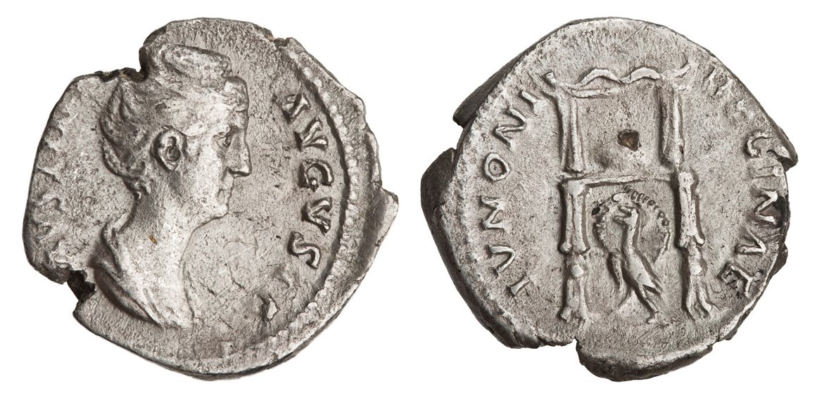 Faustina Sr IVNONI REGINAE Peacock under Throne denarius no scepter ANS.jpg