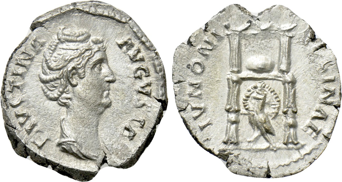 Faustina Sr IVNONI REGINAE Peacock under Throne denarius no scepter Naumann.jpg