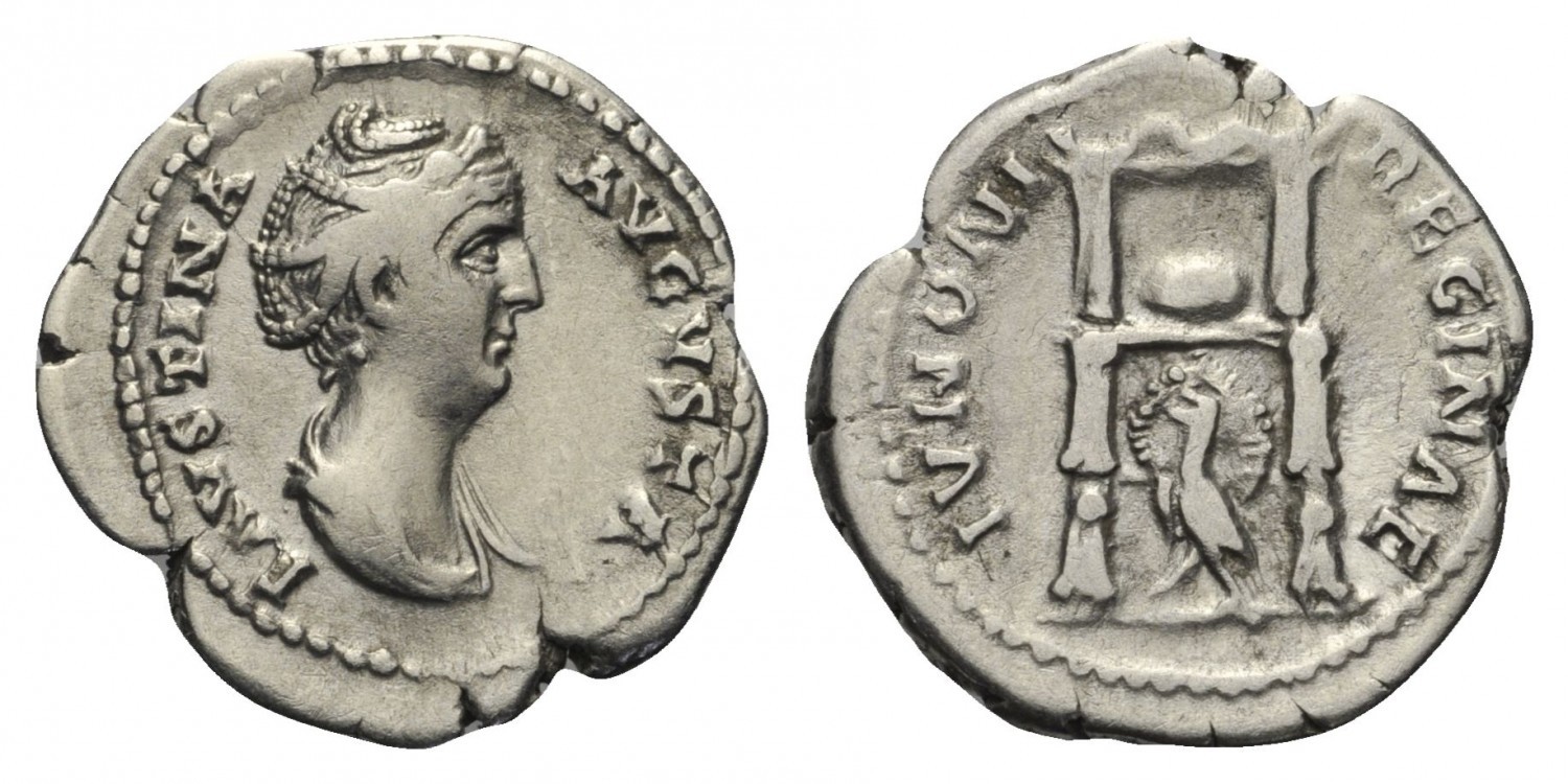 Faustina Sr IVNONI REGINAE Peacock under Throne denarius no scepter Solidus.jpg