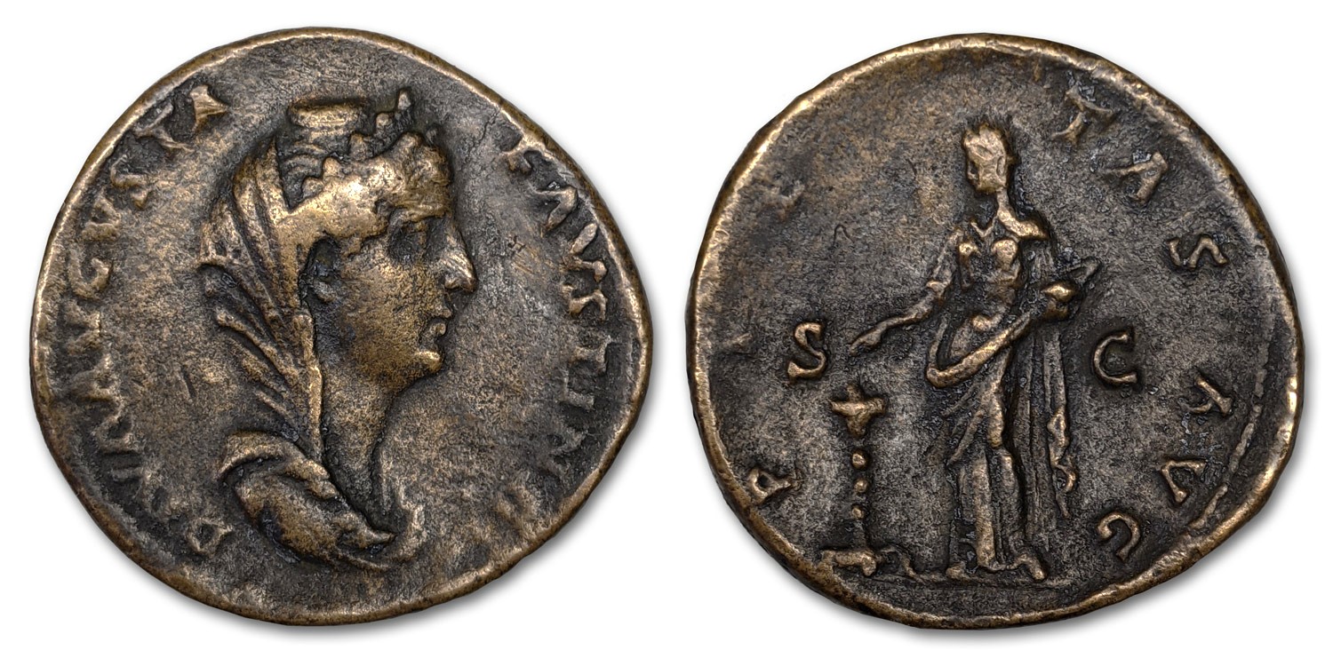 Faustina Sr PIETAS AVG S C candelabrum sestertius veiled and stephaned Jeremy De Pew.jpg