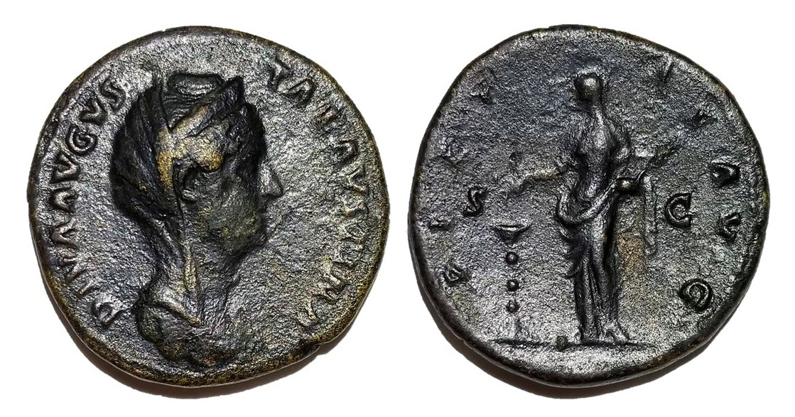 Faustina Sr PIETAS AVG S C candelabrum sestertius veiled and stephaned.jpg