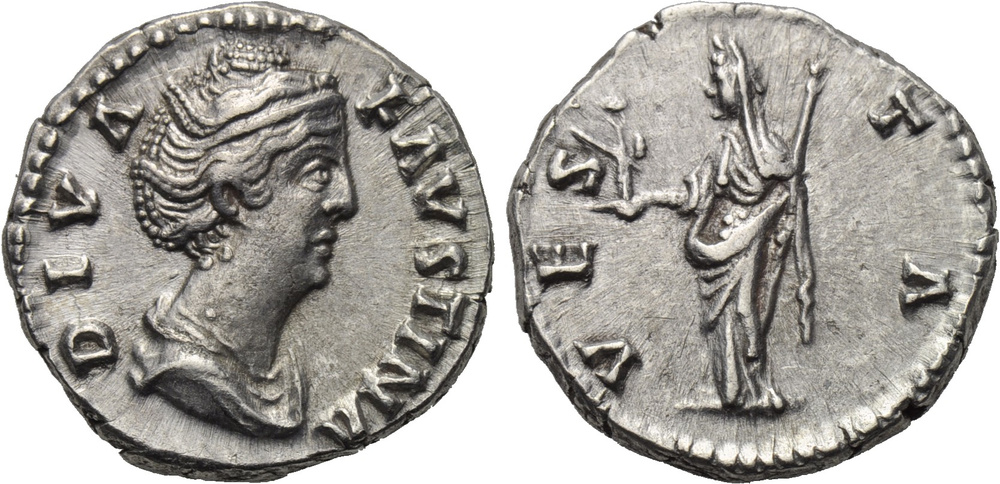 Faustina Sr Vesta standing denarius Naumann.jpg