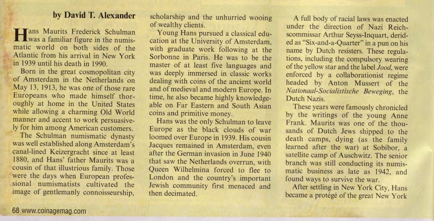 First page of article on Hans Schulman from coinagemag.jpg