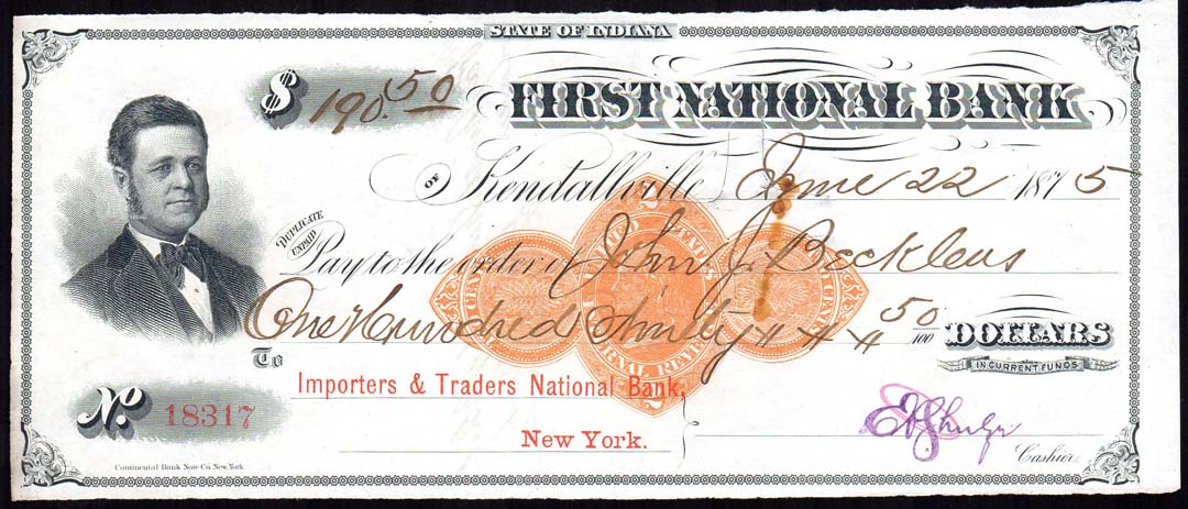 FNB of Kendallville check 1875.jpg