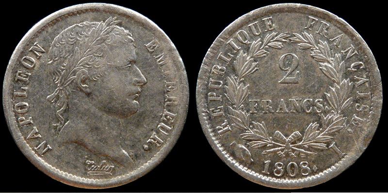 France Napoleon Emperor 2 Francs 1808-I Limoges mint Republic Rev AU55 O-R.JPG