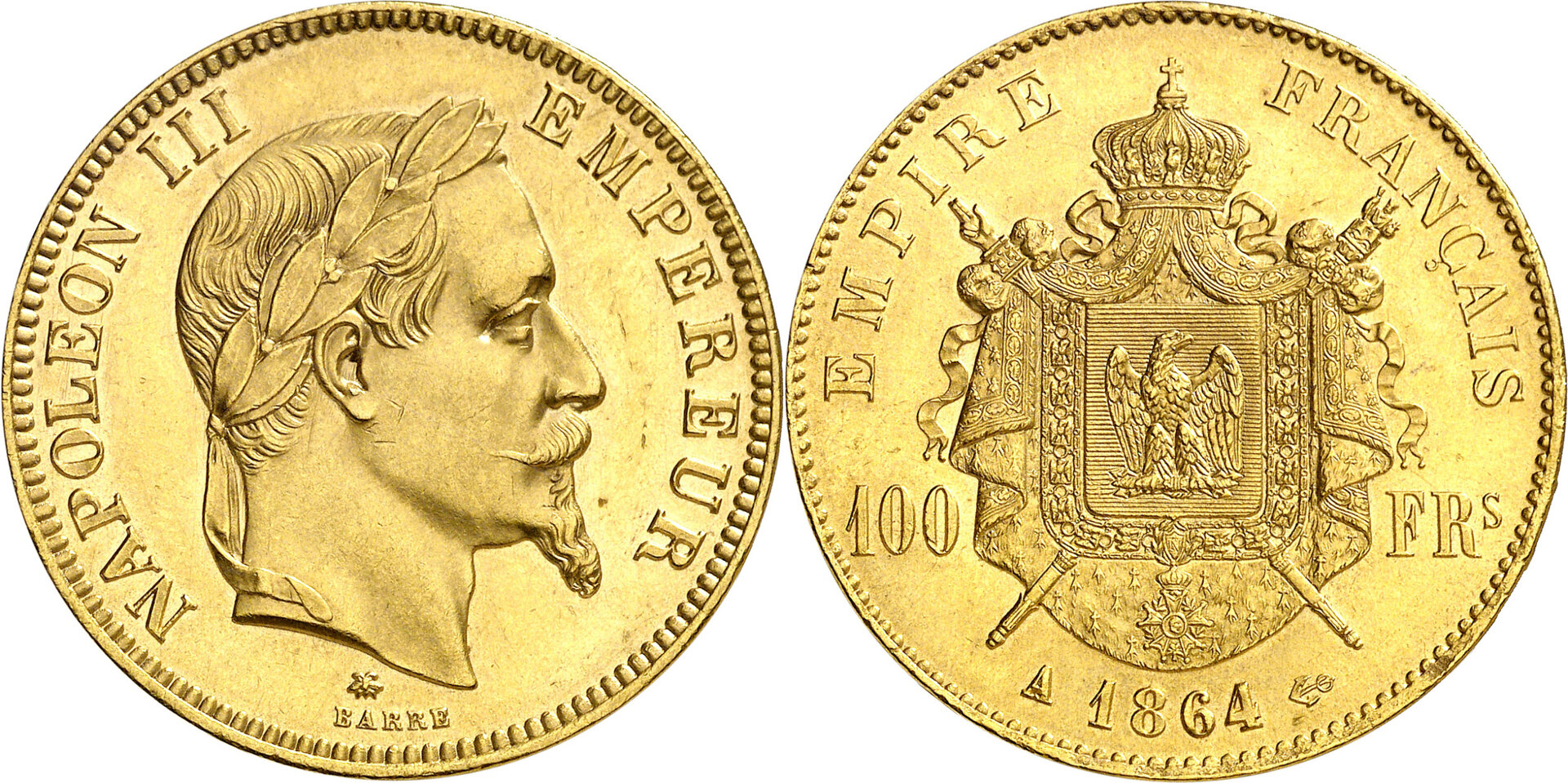 French Empire Gold 100 Francs of Napoleon III (minted in Paris in 1864).jpg