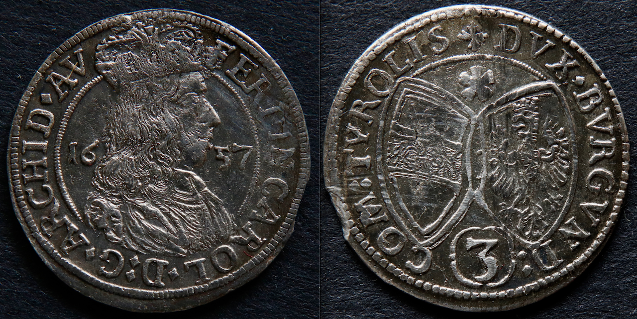 Frühe Neuzeit – Altdeutschland – Tirol, Ferdinand Carl, 3 Kreuzer, 1657.png