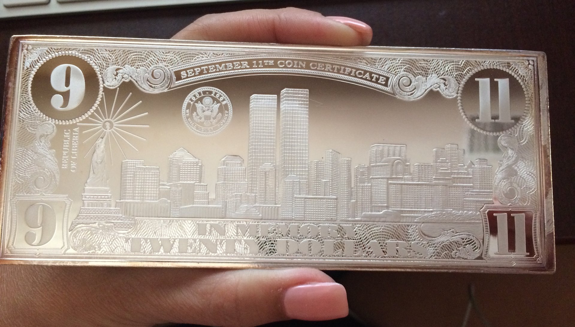 $20 September 11th silver leaf coin