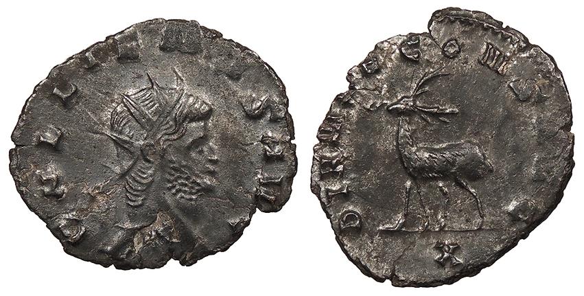 Gallienus DIANAE CONS AVG stag walking left antoninianus.jpg