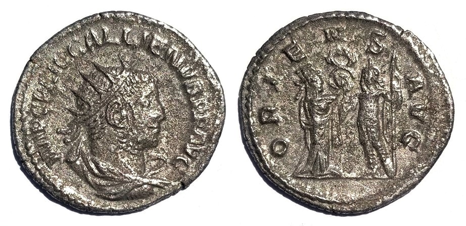 Gallienus ORIENS AVG Tyche and Emperor antoninianus.jpg