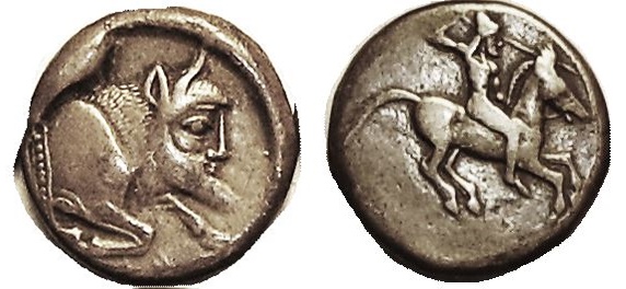 GELA AR Didrachm 490-480 BCE Horseman with spear r - Forepart of man-headed bull r.jpg