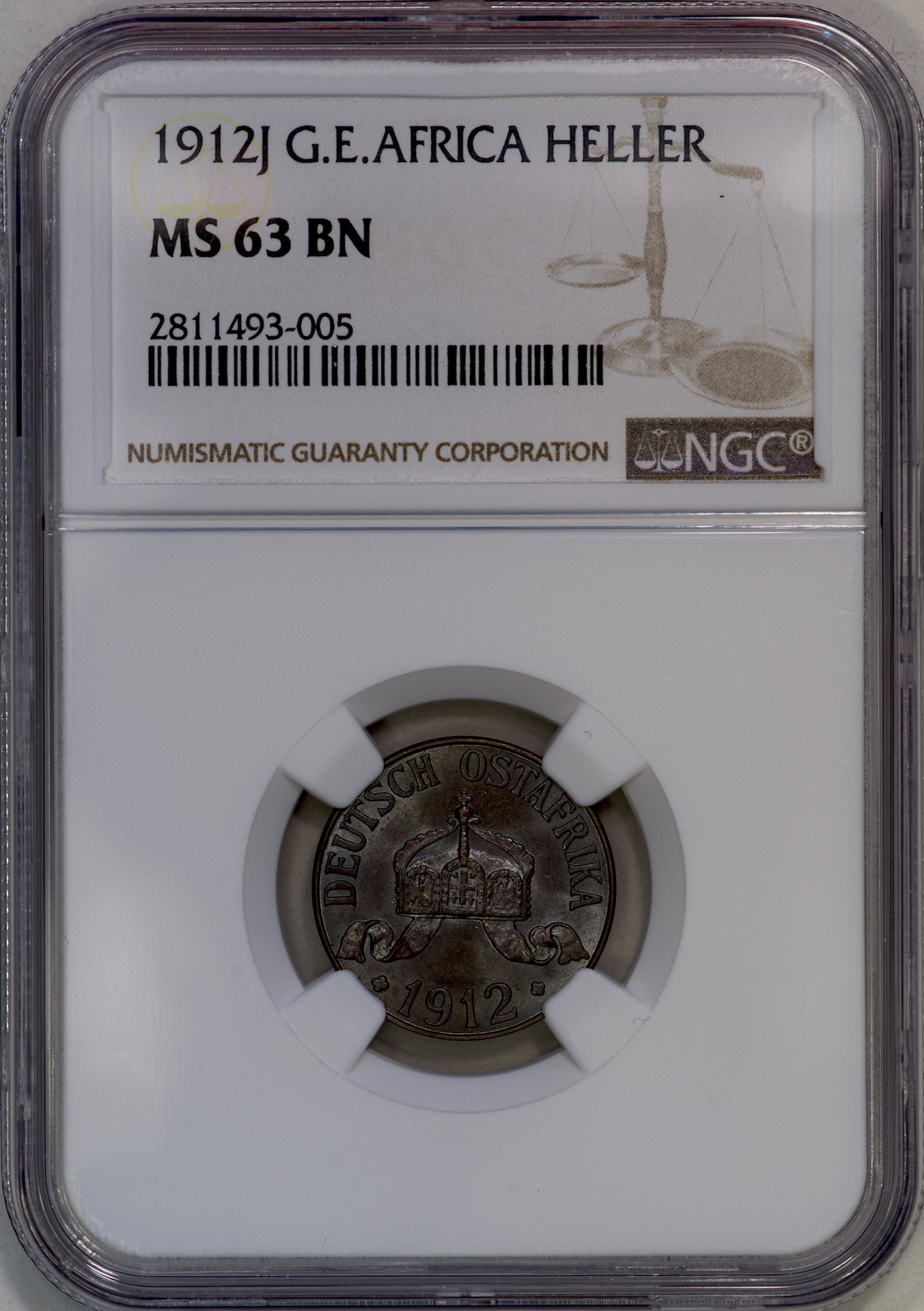 German East Africa - 1912 J 1 Heller NGC MS63BN Slab - Obverse.jpg