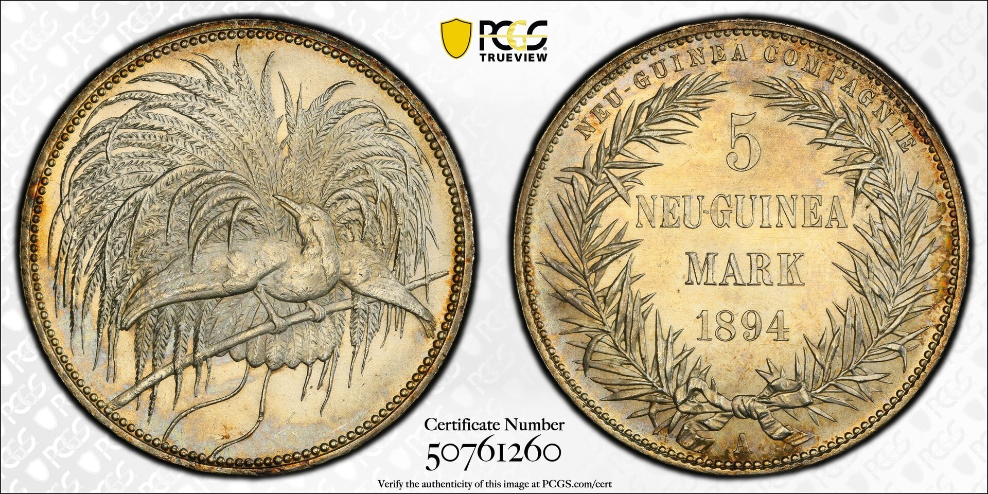 GERMAN NEW GUINEA, Wilhelm II, AR 5 mark, 1894-A, MS64.jpg