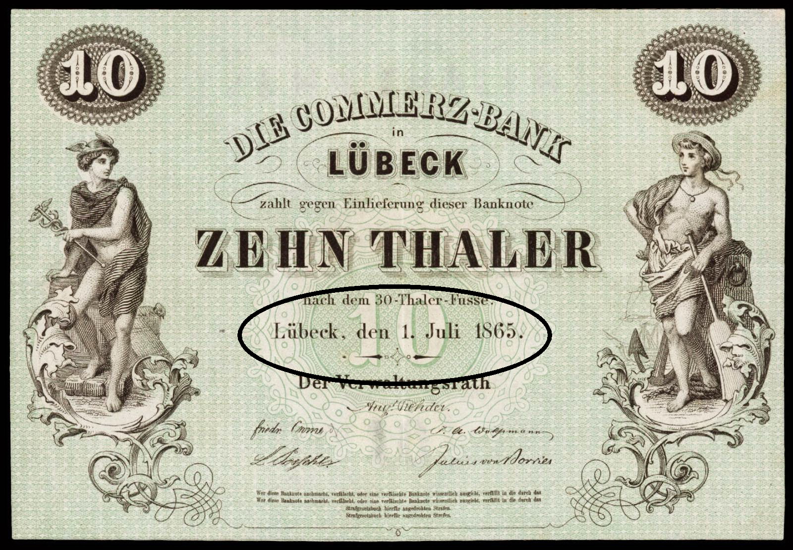 German States banknotes 10 Thaler 1865 Commerce Bank in Lubeck.JPG