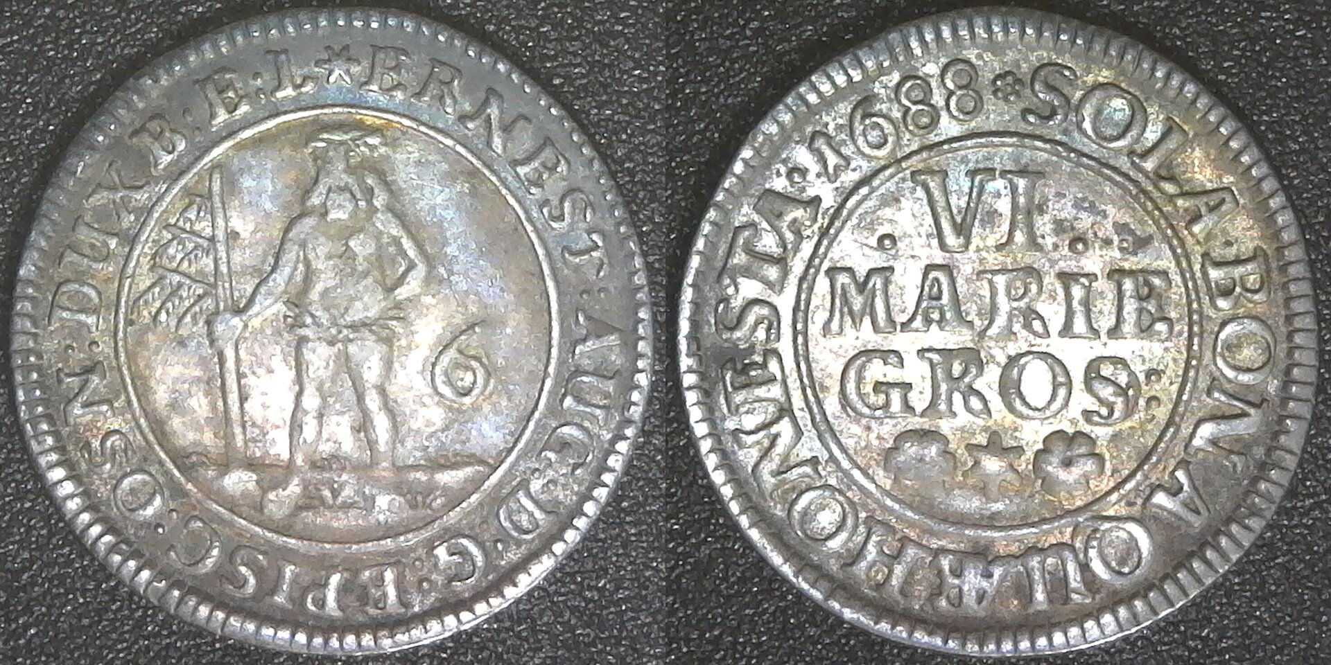 German States Brunswick-Luneburg-Calenberg 6 Mariengroschen 1688 obv A-side.jpg