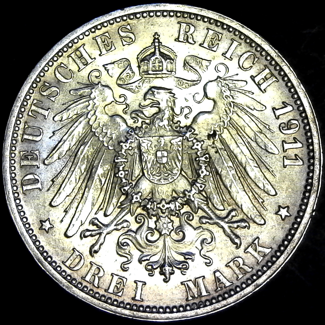 German States WÜRTTEMBERG 3 Mark KM# 636 1911 F rev.jpg