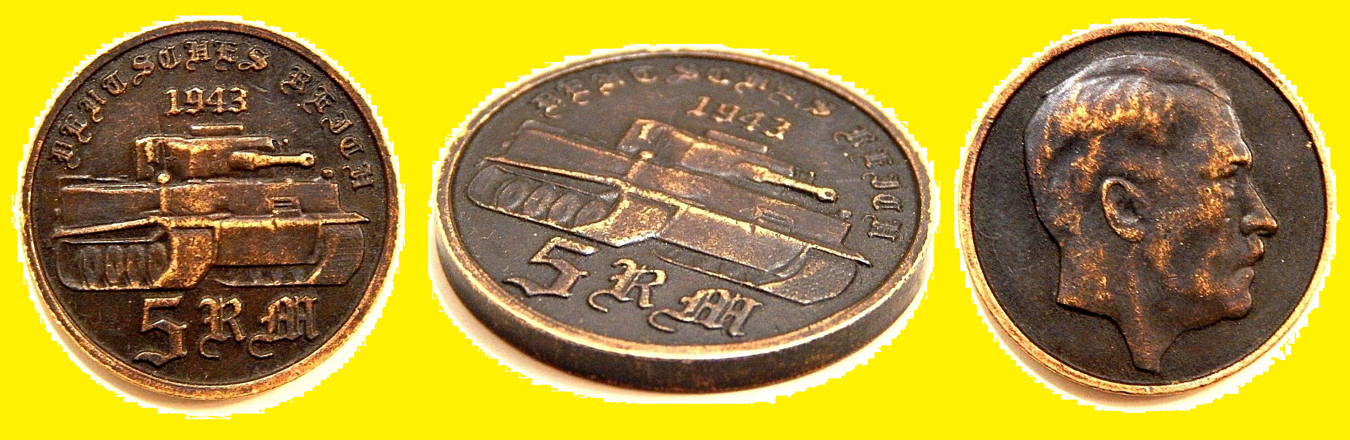Germany 1943 5 Reichs Mark  Third Reich Adolf Hitler  WW II  Exonumia Coin  $5. + $5.  a.png