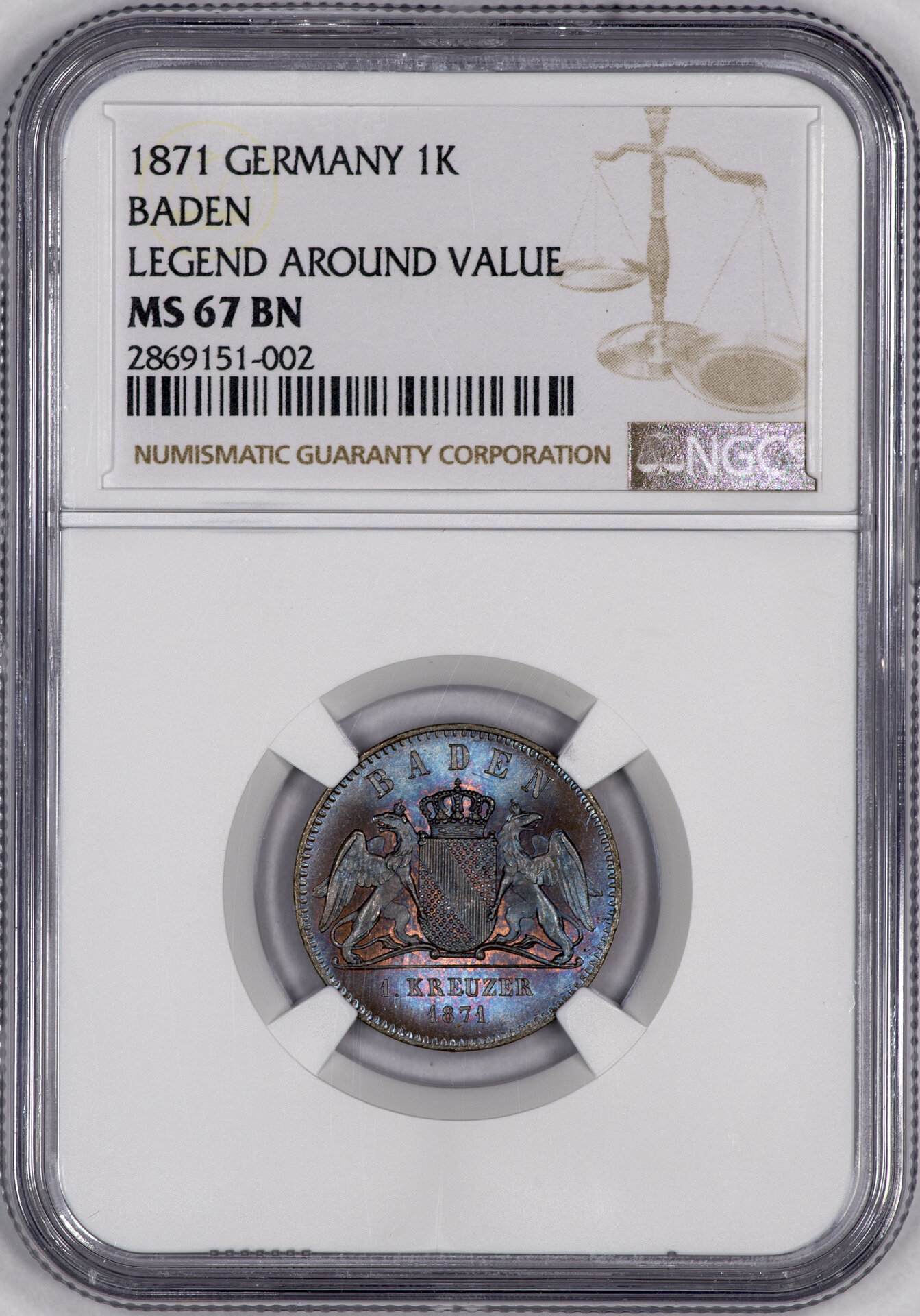Germany (Baden) - 1871 1 Kreuzer NGC MS67BN Slab - Obverse.jpg