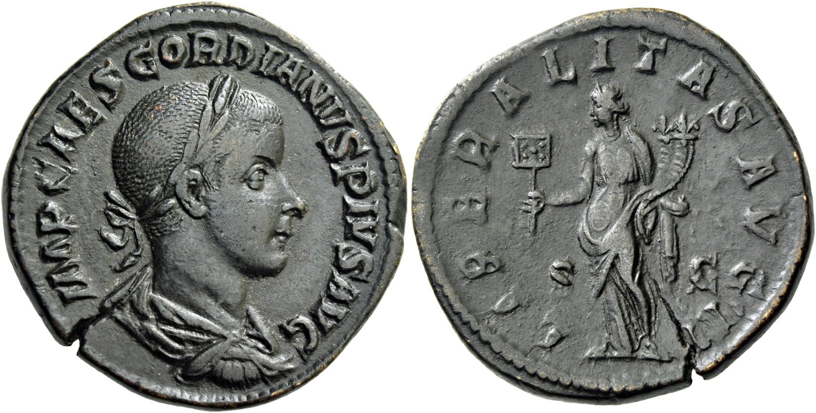 Gordian III Liberalitas Sestertius NAC 116, 1648 (ex CNG 85, then Naville).jpg