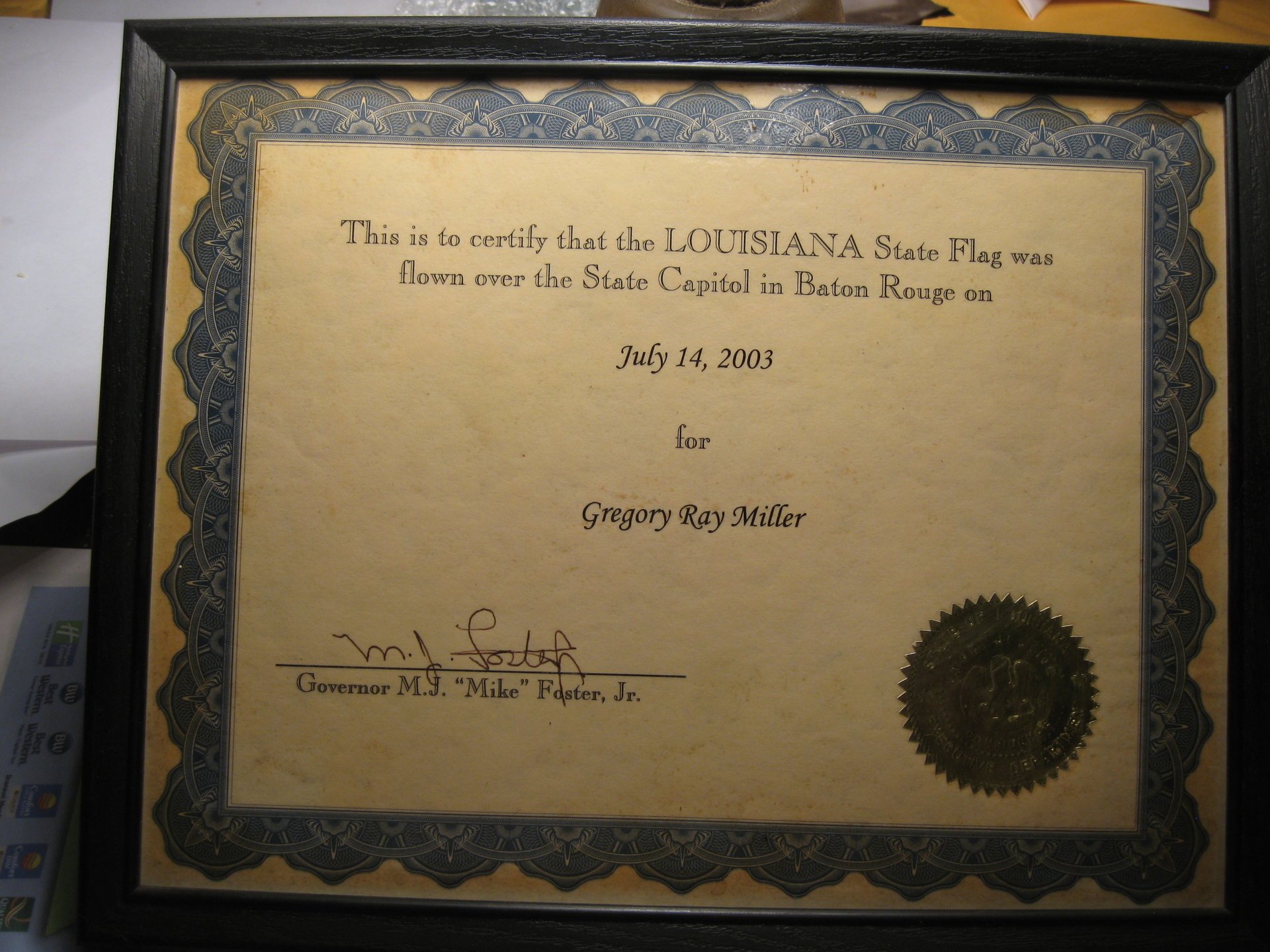 Gov. Mikes flag cert. LA 001.JPG