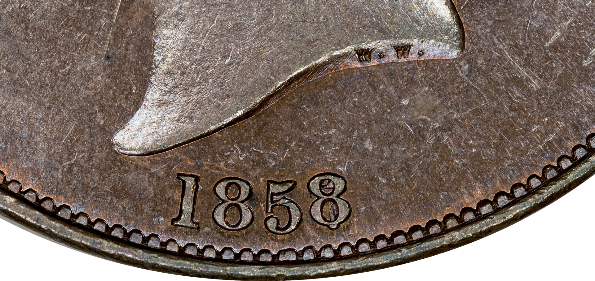 Great Britain - 1858 (over 7) 1 Penny - Date.png