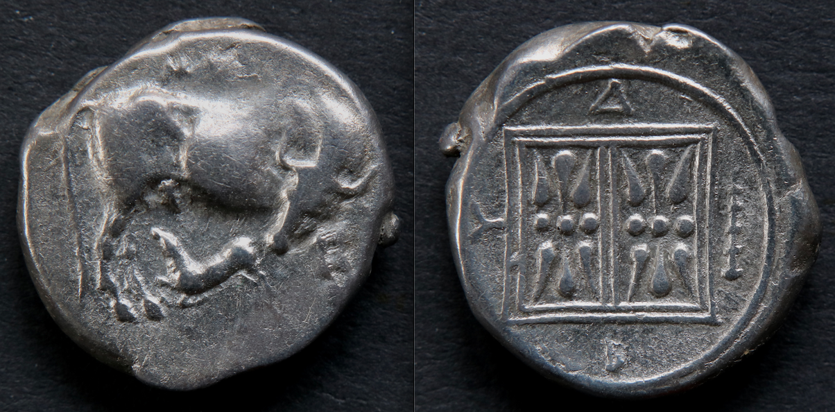 Griechen – Illyrien, Dyrrhachion, stater, Kuh (eigenes Foto).png
