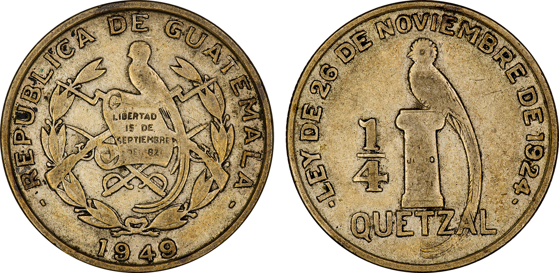 Guatemala - 1949 Quarter Quetzal Overdate.jpg