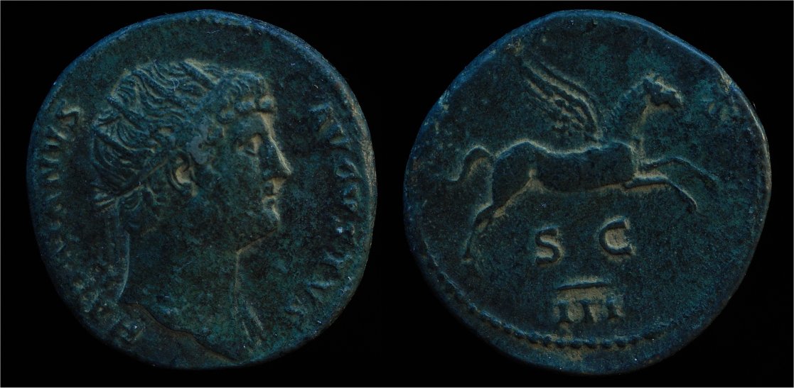 Hadrian AE Dupondius Pegasus flying right RIC 658.jpg