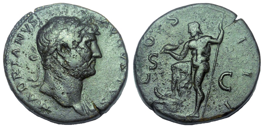 Hadrian AE Sestertius Neptun with dolphin.jpg